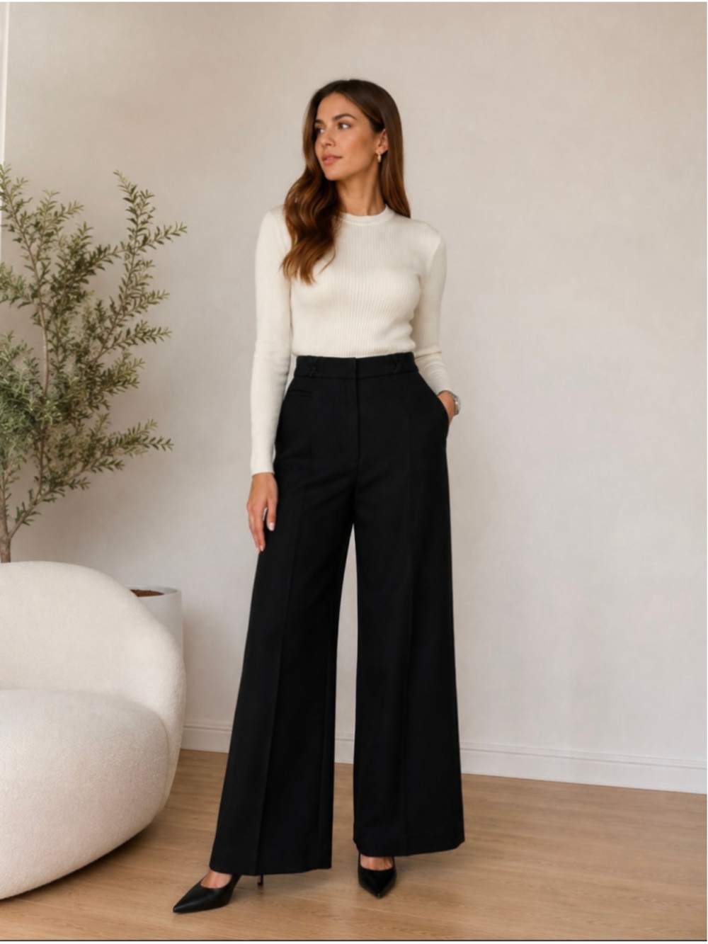 Vintage De Blausse France Women’s 44 Black Wool Wide Leg Trousers Braided Waist